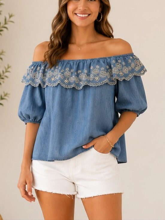 Time and Tru Tops - Time and Tru Embroidered Off-Shoulder Chambray Peasant Top – Size Small NWT